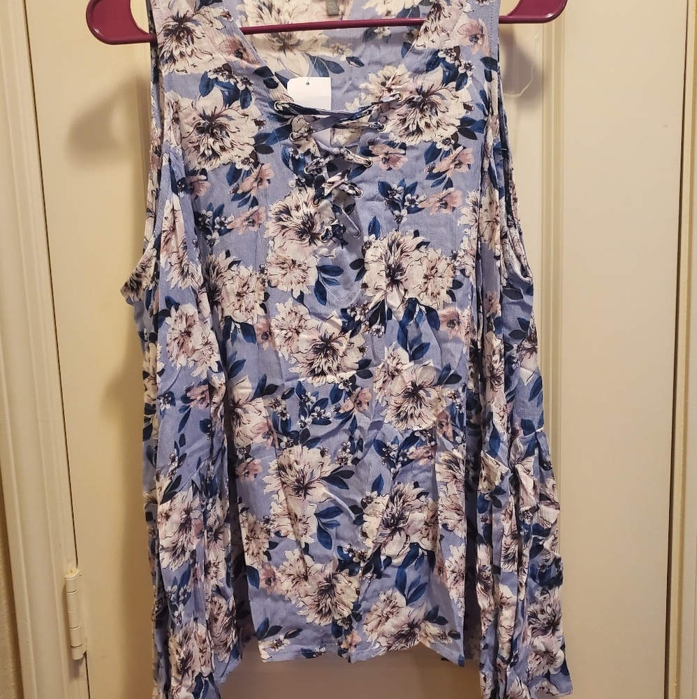 Blue Floral Cold Shoulder Top